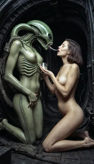 68-year-old naked cosmonaut in Kneeling in front of an alien is sucking his bite. From her mouth flows green sperm as well as from her pussy which overflows with a creamy liquid. They are both in a mining vessel half-tidy due to rust and humidity. The general atmosphere is a little gloomy, a cold light is sent from spots on the ceiling., style, of, H., R., Giger, giger, tribals, sigilism, hrg1g3r4rhp, <lora:tbh295-sdxl:.5>, <lora:v4_CYBERGOTHIC:.5>, <lora:hrg1g3r4rhp_v20_SDXL_Linux:.5>
