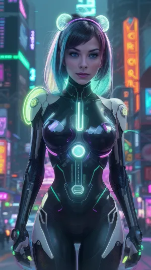 Create an image of a futuristic, neon-lit cityscape bustling with technological marvels and vibrant energy. The scene is alive with the buzzing sound of countless activities, as holographic advertisements and digital billboards illuminate the surroundings in a kaleidoscope of colors. In the foreground, a virtual girl with an ethereal presence stands, her features enhanced by AI artistry. Her eyes reflect the neon glow, and her attire is a blend of sci-fi and avant-garde fashion, with intricate patterns and luminescent accents. The atmosphere is electric, inspiring creativity and innovation, as the city pulses with life and endless possibilities. The overall mood is one of awe and inspiration, capturing the essence of a tech-driven future.