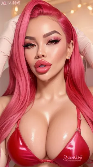 (best quality:1.1), 1youngl, horny thai Bimbo Fuckdoll, slutty Makeup, adult young Hanahowo, red hair, fucked silly, orgasm Face, Very excited, gloss Skin, (big Bimbo tits:1.2), deep cleavage, ((wearing Red Bikini top)), beautiful face, (Botox filled lips:1.2), (bimbo duck lips:1.2), ((thick lips)), 8k, shiny dark pink lipgloss, detailed face, detailed eyes
gradient background, ((only face)), strong lighting, fakelips, lips, lip, filler, <lora:fakelips:.5>, <lora:lips:.5>, JohnPerns_Quiron, style, huge, cartoon, <lora:quiron_JohnPersons_Style_v2_lora:.5>
