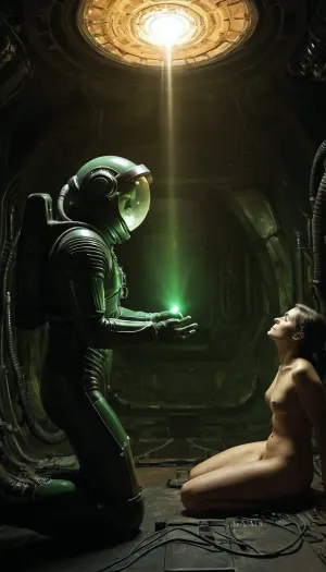 A 68-year-old naked cosmonaut in Kneeling before an alien sucks his penis. From her mouth flows green sperm as well as from her pussy which overflows with a creamy liquid. They are both in a mining ship half eaten away by rust and humidity. The general atmosphere is a little dark, a cold light is sent from spots on the ceiling., giger, tribal, sigilism, Xenomorph, science fiction, lens-flare, Anamorphic, cold, <lora:v4_CYBERGOTHIC:.4>, <lora:Xenomorph v2:1>, <lora:431565_training_data:.9>