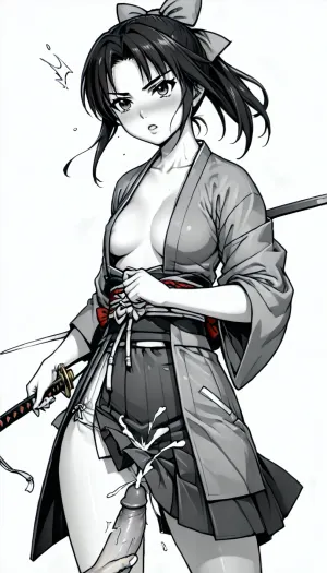 Bow, Japanese, kyudo, yumi, solo, skirt, girl, standing, monochrome, weapon, female focus, japanese clothes, open clothes, kimono, holding weapon, hakama, hakama skirt, (The female warrior rubs the penis with one hand to make it ejaculate, and holds the samurai sword with the other hand:1.6), kyuudou in the style of, Female, Samurai, Style, <lora:female samurai style v2:1.4>