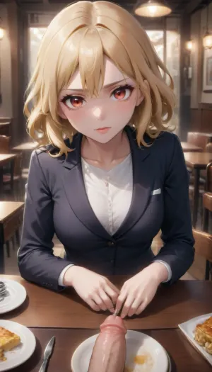 A girl, blonde, office uniform, beautiful face, sitting alone at a table, cutting a penis with a knife and fork, fried penis on a plate, in a luxury restaurant, fried penis with milky juice, jirou, <lora:add-detail-xl:1>, <lora:jirouXLv1:.6>