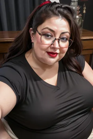 (Close-up:1.3), portrait photo a mature chubby woman, fat huge bosom, oversized open silk cloths, fat round face, glasses, double chin, 60 years old Woman, blue eyes, (brown hair in a ponytail), round face, full lips, lipstick, (wavy hair), seductive smile, pretty teeth, looking at viewer, (solid dark background), eye level shoot, film grain, style by Flora Borsi, OverallDetail, downblouse, loose, low-cut v-neck t-shirt, leaning, forward, <lora:Lora_Srabonti2023-X4:.5>, <lora:downblouse-v1:.7>, <lora:weight_slider_v2:1.5>