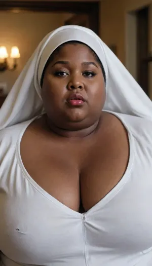 , (obese:1.8), Ebony skin, white nun, indoor, makeup, lipstick, 60% distance, obese size outfit