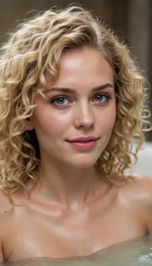 Masterpiece Edited by Redknightbooks, masterpiece, highest quality, RAW image of A close-up, highest-quality RAW image of a blonde woman with curly, messy, wet hair. Her face is expressive and natural, framed by damp curls, with a soft and elegant lighting setup. She exudes confidence and a playful charm, while the background is blurred to keep the focus entirely on her face, milk bath photography, bath, horny face, NegfeetV2