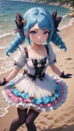 beach, 1girl, absurdres, black bow, black gloves, black legwear, blue eyes, blue hair, bow, collarbone, dress, drill hair, frilled dress, frills, gloves, gwen \, (league of legends\), hair ornament, highres, league of legends, long hair, parted lips, puffy sleeves, pink pupils, smile, solo, white dress, x, x hair ornament, gwenlol, twin, drills, mismatched, legwear, <lora:gwenlol:1.5>