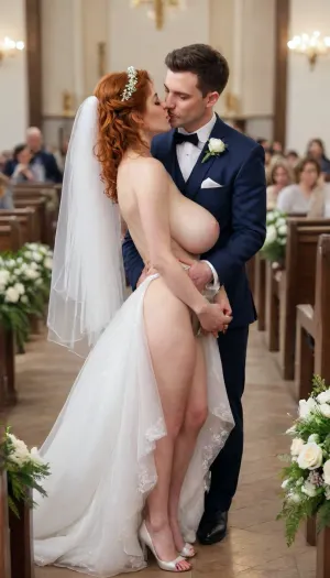 Church, wedding ceremony, groom, bride, many guests in the background, side view, full frame, full height, the groom is an elegantly dressed man, brunette 20 years
old, the bride is a beautiful slender woman 45 years old, orange curly hair, the bride's dress is unbuttoned from above, bare breasts fell out of the dress, one by hand she lifts the hem of her dress in front, holds a bouquet of flowers in her second hand, her knees are spread wide, her panties are down, an open vagina is visible, a very hairy
pubis, the groom is behind her, his pants are down, he hugs the bride from behind, touching her breasts, kisses her neck, the guests laugh joyfully.  High detail, correct anatomy, perfect hands, perfect fingers, 5 fingers, exhibitionist, public nudity, caresses,  very hairy pubis, tummy, protruding pubic, protruding pubis bone, holiday, DropPanty, <lora:milkers_v2:.8>, <lora:DropPanty:.8>