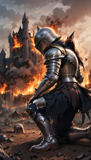 knight, kneeling, head down, armor covered in dirt and scratches, with a burning castle in the background, destroyed castle, night, black banners, knights on the background, poor lighting, damaged armor, cracks, dents in the armor, helmet on ground, high detail, epic, drama, crows circling in the sky