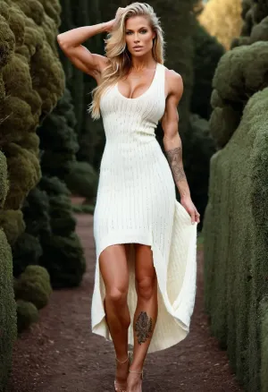 woman, ENGLISH Female, SUPERMODEL, very long hair, muscular, long legs, Tall, Slim, toned body, ripped body, perfect MASSIVE breasts, sweaty oily skin, toned, Sexy face, muscular arms, (((SLEEVELESS very loose floaty white woollen dress))), TANNED SKIN, (ARMS FULLY TATTOOED), SEXY POSE, SLIM HIPS AND WAIST, BLONDE HAIR, , <lora:uberfit_lora_sdxl:.5>, <lora:AtomictitsXL:.5>