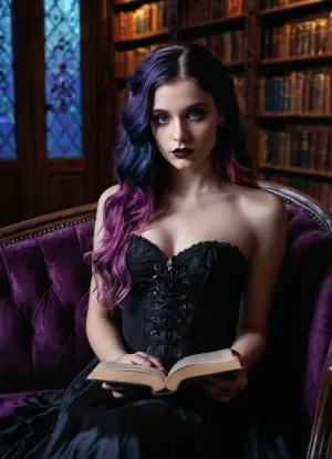 Hyperrealitc photograph of a gorgeous tall 20yo American goth girl wearing a tight black and purple gothic style strapless dress, long wavy hair, duotoned hair, pink highlights, sharp features, high cheekbones, thin lips, small nose, piercing blue eyes, supermodel quality makeup, gothic library background, reading a book as she lays on a gothic style sofa, professional lighting, best camera, masterpiece quality