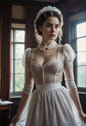 woman, Lady Dimitrescu character, dress is lifted at the waist to show her perfect pussy, ((erotic maid uniform)), (naked perfect breast), full body! the! most! beautiful!, see through silk dress, 18 century city manor house, darkness atmosphere, 1880s, gothic revival style, RAW photo, analogue style, vintage photography, depth of field, photography by Natalia Drepina, ((see-through)), (school, uniform), <lora:clothing_slider_v19_000000030:1.1>, <lora:lbc_XL_see-t school_uniform_240311:1.9>, <lora:breasts_slider_v10:1.9>