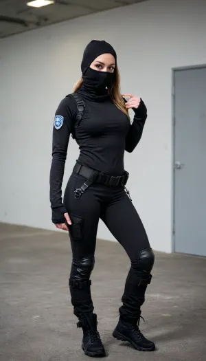 (3girls, seductive:1.2), 28 year old english female police officer, (balaclava covering nose:1.4), (long sleeve black base layer, tactical vest with pouches:1.3), tactical belt, handcuffs, baton, radio, torch, tactical gloves, tactical boots, perfect body, perfect slim angular face, ponytail, 25 years old, english prison, <lora:230394_training_data:.5>