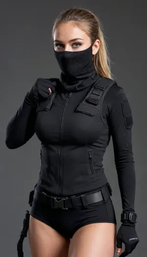 (seductive:1.2), 28 year old english female police officer, (balaclava covering nose:1.4), long sleeve black base layer, (tactical vest with pouches:1.3), tactical belt, handcuffs, baton, radio, torch, tactical gloves, tactical boots, perfect body, perfect slim angular face, ponytail, 25 years old, english prison, <lora:230394_training_data:.6>