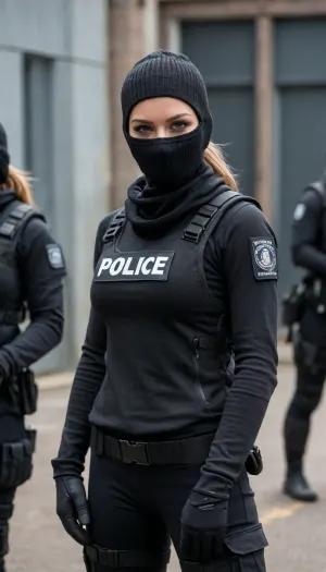 (3girls, seductive:1.2), english female police officer, (riot helmet:1.2), (balaclava covering nose:1.3), (long sleeve black base layer, tactical vest with pouches:1.3), tactical belt, handcuffs, baton, radio, torch, tactical gloves, tactical boots, perfect body, perfect slim angular face, ponytail, 25 years old, english prison