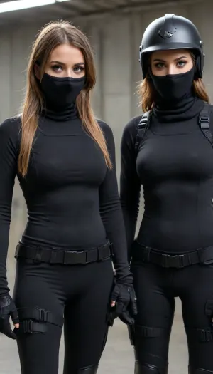 (3girls, seductive:1.2), greek female police officer, (riot helmet:1.3), (balaclava covering nose:1.3), (long sleeve black base layer underneath kevlar chest plate with pouches:1.3), tactical belt, handcuffs, baton, radio, torch, tactical gloves, tactical boots, perfect body, perfect slim angular face, ponytail, 25 years old, prison, <lora:230394_training_data:.5>