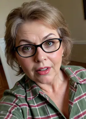 (gilf:1.6), exotic Mature woman, 75 years old housewife, (exotic), auburn hair in a ponytail, (thick black glasses), (olive skin tone:1.3), (chubby round face:1.3), (double chin:1.2), detailed hair, messy hair, disheveled hair, ((wearing a tight plaid flannel shirt)), cleavage, flirty, flirting, seductive stare, looking at viewer, intense eye contact with viewer, orgasm eyes, horny, sexy, lipstick, beautiful eyes, (green eyes), realistic eyes, detailed eyes, (big eyes:1.2), (open eyes), beautiful face, wrinkles, hoop earrings, super realistic, skin stretch, dark circles under eyes, plump lips, full lips, big juicy lips, old skin, wet lips, wet moisture, spots with skin marks, detailed skin, (open mouth:1.4), orgasm face, orgasm, screaming, scream, cumming, edgOrgasm_face, selfie picture, view from below, bottom to top view, picture from bottom to top, riding, best quality