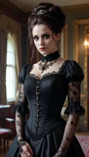 a high detail and photo realistic photograph of, full body, Victorian Goth, Inspired by the Victorian era, often featuring elaborate and ornate clothing makeup and hairstyles. she has ornate clothing and jewelry, life is like a funeral every day in this house, oppressive gloom, it makes it all the more tragic as she is so stunningly beautiful, she carries herself with a noble demeanor, though you find it hard to believe her scandalous reputation is deserved though she is in search of another husband her 6th, she is so delicate a highly feminine, she know her own mind and is not afraid to speak it, confident, demure, charming, though her eyes tell of a certain wicked ness, all it not as it seems with her, real life, photo realistic, volumetric lighting, realistic skin, realistic hair, realistic body, realistic pose, realistic eyes