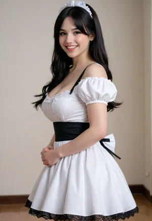 1girl, thin, shinning black hair, solo, long hair, extremely pale white skin, enormous 48DDD-cup symmetrical round natural breast, French maid dress, teeth, hair, black eyes, standing, white background, view from side behind, side breasts, masterpiece, smiling, pulld, <lora:breasts_slider_v10:.5>