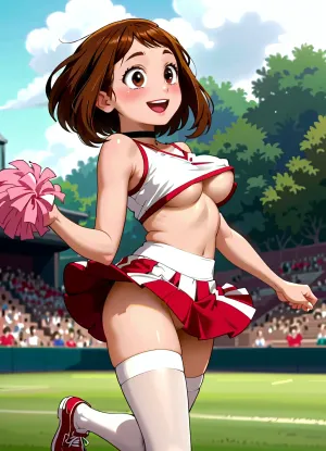 uraraka ochako, 1girl, brown hair, eyes, short, blush, cheerleader, crop top, choker, white stockings, no panties, (areolae slip, underboob), no bra, smile, jumping, dynamic pose, (((skirt lift, top lift))), ((anime screencap, 2d)), <lora:OchakoIllus:1>, <lora:princess_xl_v2:1.2>