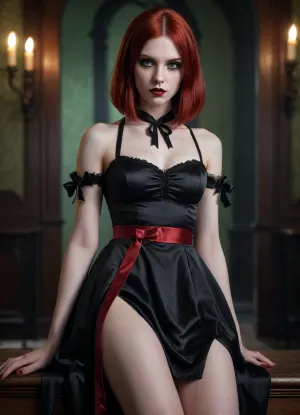 Girl, 25yo, game character, vampire, long bob haircut, shiny red hair, black ribbons in hair, very pale skin, satin dress, (black), red lipstick, gothic makeup, green eyes, flat belly, full height picture, legs, feet, dark light