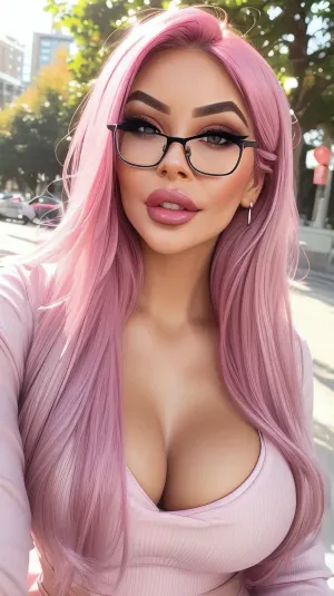 (best quality:1.1), young scandinavian girl, busty young woman smile with small glasses, walking, sexy Makeup, long eyelashes, smokey eyes eyeshadow, intensive pink hair, Very excited, gloss Skin, (medium_boltedontits:1.5), deep cleavage, tight jeans, white top, ((modern street Outfit)), beautiful face, (Botox filled lips:.8), (bimbo duck lips:.6), ((thick lips)), 8k, shiny dark pink lipgloss, detailed face, detailed eyes
gradient background, (()), (in City Park), strong lighting, fakelips, lips, lip, filler, sam, yang, Insta, bimbo, mssstyle, <lora:fakelips:.5>, <lora:sam_yang_offset_right_filesize:.7>, <lora:Colour Control Slider by Stable Yogi:.5>
