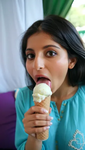 Beautiful pakistani woman eating ice cream