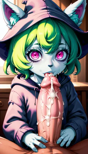 2d, masterpiece, best quality, anime, highly detailed face, perfect lighting, 1girl, solo, green hair, animal ears, bangs, short hair, pink eyes, (colored skin), (grey skin), (dark skin), ears through headwear, long sleeves, furry, vex, animal, ears, yordle, short, hair, hood, up, long, sleeves, past, wrists, through, headwear, fingers, colored, skin, black, hoodie, L0LSPL4SH, (lick penis, penis cum:1.6), <lora:L0LSPL4SH_IllustriousXLv01:1>