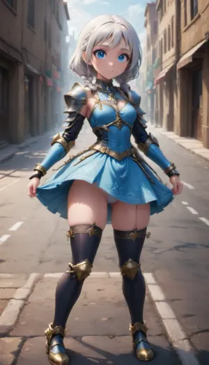 Thick, Crossbow, Armor, Chest armor, Shoulder armor, Panties, small breasts, Big ass, Narrow waist, Stockings, Big eyes, White hair, Blue eyes, Chain mail dress, full-length, upskirt, In the city, on the street, smiling, holy, (grandiose, chase), 1 girl, solo, hair, shoulders, K, armor, braid, dress, Laura, (checkpoint, e100_s800, (4), , :.5)