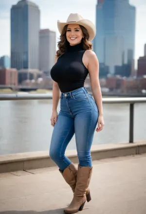 woman, (Full body), skinny and busty brunette wearing flowing jean pants and a tight black turtleneck top, sleeveless turtleneck, light tan cowboy hat, white cowboy boots, (((massive breasts:1.3))), ((tiny waist)), stunningly beautiful face, (wavy Bob cut hairstyle), smiling, large blue eyes, Nashville background, <lora:Microwaist_XL_v01:1>
