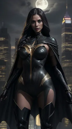 Create an image of a powerful and elegant superheroine standing atop a skyscraper in Gotham City, her silhouette illuminated by the moonlight. She wears a sleek black and gold costume that exudes both strength and style, with intricate details and a flowing cape. Her braided hair adds a touch of elegance, and her confident stance embodies heroic elegance and fearless determination. The cityscape below is a blend of gothic architecture and modern skyscrapers, casting a dramatic and atmospheric backdrop. The scene captures the essence of a dynamic defender and urban warrior, with a touch of gothic chic and empowered beauty.