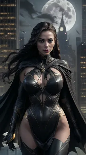 Create an image of a powerful and elegant superheroine standing atop a skyscraper in Gotham City, her silhouette illuminated by the moonlight. She wears a sleek black and gold costume that exudes both strength and style, with intricate details and a flowing cape. Her braided hair adds a touch of elegance, and her confident stance embodies heroic elegance and fearless determination. The cityscape below is a blend of gothic architecture and modern skyscrapers, casting a dramatic and atmospheric backdrop. The scene captures the essence of a dynamic defender and urban warrior, with a touch of gothic chic and empowered beauty.