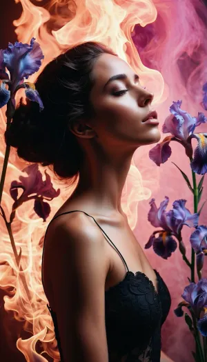 multiple exposure, from pink flame fire and smoke black flowers irises, neon white smoke, woman, grace, aesthetics of female body, hands above head, side view from the back, half turn, inner transparency, mysticism