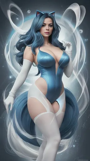 Create an image of a female figure inspired by Sonic the Hedgehog with a curvy and elegant shape. She has bright blue fur with a luxurious fur trim that emphasizes her femininity. Her body is rendered in an impressionistic impasto style that adds texture and depth to her appearance. She wears white gloves and high heels that emphasize her elegant and sophisticated look. The scene shows her in a dynamic solo pose that accentuates her slender yet curvaceous figure. The image is reproduced in the best quality and emphasizes the unique blend of anthropomorphic features and human elegance.