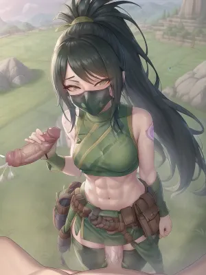 (Bukkake:1.4), (mask, pov handjob, penis:1.2), Bukkake, sky, field, grass, akali, looking at viewer, league of legends, highres, abs, arm tattoo, bangs, blouse, breasts, green shirt, hair between eyes, hip vent, long bangs, long hair, mask, midriff, ninja, ponytail, rope belt, belt pouch, shirt, stomach tattoo, tattoo, handjob, pov, 1boy, 1girl, penis, <lora:akali_v2-000038:.7>, <lora:Handjob:.5>