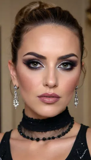 a beautiful Turkish mature model with a big messy bun, she is looking into the camera, ((dramatic smoky black eye makeup)), thick lashes with crystals, glossy lipstick, overfilled lips, full lips, a beige striped background