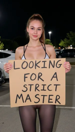 Graceful, pretty, 21 year old woman, cute face, ponytail, sexy, leggings, tanktop, standing in a parking lot, in the evening, in the light of a spotlight, holding a handmade sign with text "LOOKING FOR A STRICT MASTER".