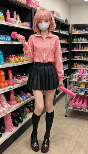 1girl, in_sextoy_store, picking_dildos_from_the_shelf, pink_hair, long_straight_hair, blushing, facemask, pink_tracksuit, black_short_skirt, black_socks, leather_loafer, background has many dildo on the shelf, <lora:gotou_hitori_xl:.5>