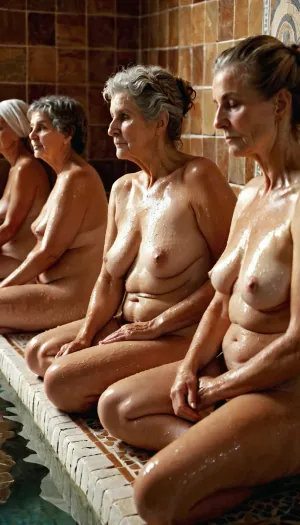A wonderful ancient greek Mosaics decorated bathhouse with granny and Mature women unshaved hairy saggy boobs relaxing, granny spa retreat, various faces, various bodies, various hairstyles, wet, sweating, full Body View, High Resolution Photograph, absolute realism, 8k
