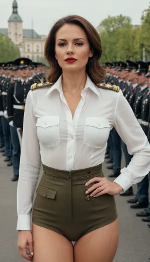 Milf in military uniform, full body, horny face, realistic, on military parade, serious, elegant, very luxurious, detailet, small tits, blouse, red lipstick, panty and pantyhose, show panty, cameltoe, no naked, outstretched pose, front view, angle view