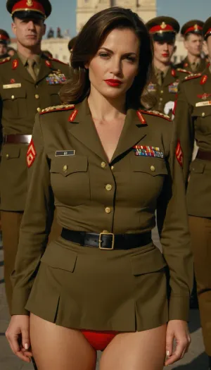 Milf in military uniform, full body, horny face, realistic, on military parade, serious, elegant, very luxurious, detailet, small tits, blouse, red lipstick, pulled up skirt, panty cover pussy, cameltoe, no naked, front view, angle view