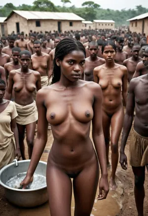 Contemporary photo of a beautiful young naked very black dark skinned African woman in A detailed illustration of a crowded woman prison yard in India, showing prisoners engaged in various tasks like washing clothes, cleaning drains, cooking food, and supervising other inmates. The scene should depict the harsh realities of prison life, with a focus on the physical labor and lack of resources.