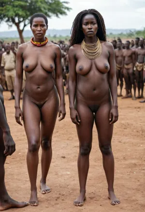Two black naked dark skinned uganda naked women are standing submissive close together cattle market in africa female prisoner shackled, woman, men in fraemer outfit souround them, attractive, big saggy breast, black dark areola, bushy hairy pussy, long hair, makeup, full body, mother, model, pose full body pic fron head to toe full detail, wide hips, big round ass, strong legs, strong arms, saggy breast, big hard nipple, Two black 39 years naked dark skinned uganda naked women who are collared and made to walk on all fours hands and knees. nose ring