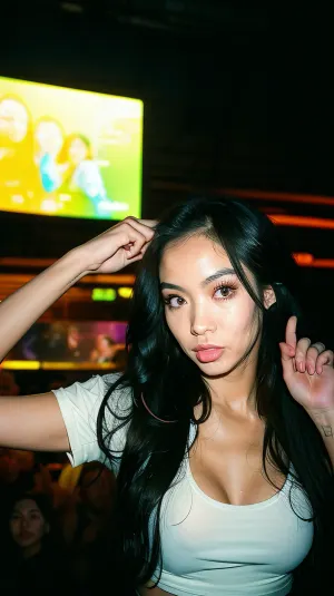 beautiful tan chinese 25 years old fit instagram model, pale skin, on her back, long wavy messy black hair, has the body of a very guess model, perfect beautiful woman, beautiful perky breasts, poking nipples, curvy fit body, thighgap, high jawline, I'm standing above her, my cock is inside her, she's looking right at me, she loves oversized shirts, amateurstyle, 90s, flash, photo, light, leak, lomography, analog, RaveSceneNineties, she is standing at the back of a large room warehouse party where a nineties rave is happening, pitch black room, club concert lights and large speakers, dancefloor is small in background, nobody is close to her because she is so famous the club keeps them away, she's in vip section which have a great view of the rave, <lora:AmateurPornStyle-v1:.3>, <lora:90sflash_v3:.5>, <lora:skin_slider_v10:.8>, <lora:RaveSceneNineties:.8>