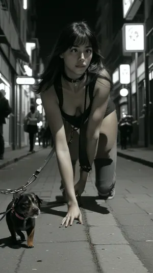 (A girl crawling on all fours through the city street, the girl is wearing a dog-collar around her neck and a well-dressed man is walking her on a leash), dark might, streetlights, Nikon D90.