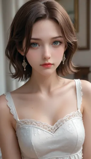 Portrait of a Russian beauty 18 old in national costume, brown hair, grey eyes, lace filigree of bright, rich color. Super clear, highly detailed watercolor, glaze technique, plus colored alcohol ink, style of V. Vasnetsov