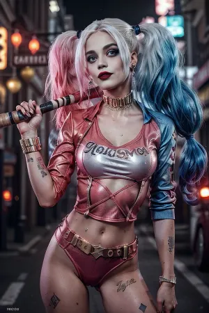 Sous les lumières de la ville : un portrait nocturne du chic hooligan d'Harley Quinn

- Oui.

Dans la toile inky d'une rue de ville éclairée par la lune, une figure vibrante se distingue. C'est une bombe blonde avec des queues jumelles - à moitié rose, à moitié bleu. Sa tenue est un mélange excentrique : un T-shirt blanc déchiré qui lit 'Daddy's Lil Monster', une veste de bombardier satin rouge et bleu, un short rouge et bleu étincelant, des filets à poissons et une large ceinture cousue autour de son riff médian. Un choker doré orne son cou, et sonne sur ses doigts. Dans sa main, elle s'empare d'une batte de baseball, incarnant un esprit hooligan. Son maquillage est audacieux : rouge à lèvres rouge et yeux expressifs qui amplifient son look audacieux.