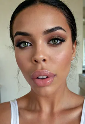 A portrait of a breathtaking beautifull 26 year African American bimbo, big fake lips, smokey eyes, plastic surgery node, Botox lips, thick eyebrows, high cheek bones, natural black afro, dark skin color, ebony skin, African, lipgloss, Kayla, a lot of make up, sexy face, perfect eyes, perfect mouth, smirk on face high contrast, 4ng3l, face, movie, still, film, cinematic, shot, lighting, macro, 35mm, green, eyes, blue, brown, close, up, teeth, braces, PA7_xl-Portrait-ECU, bmbplora, <lora:SDXL_BetterFaces-LoRA_v1:.5>, <lora:AdvancedEnhancerXLv2:.5>, <lora:765092_training_data:.7>, <lora:bimboxl_02:.6>, <lora:Black_Hairstyles:1.3>