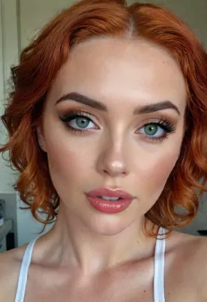 A portrait of a breathtaking beautifull 26 year Irish bimbo, big fake lips, smokey eyes, plastic surgery node, Botox lips, thick eyebrows, high cheek bones, bright red orange hair, curly hair, perm, lipgloss, Kayla, a lot of make up, sexy face, perfect eyes, perfect mouth, smirk on face high contrast, 4ng3l, face, movie, still, film, cinematic, shot, lighting, macro, 35mm, green, eyes, blue, brown, close, up, teeth, braces, PA7_xl-Portrait-ECU, bmbplora, <lora:SDXL_BetterFaces-LoRA_v1:.5>, <lora:AdvancedEnhancerXLv2:.5>, <lora:765092_training_data:1>, <lora:bimboxl_02:.5>