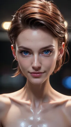 dark red hair, ((smile)), ((close portrait)), ((18 years old)), (((slender body))), ((smaile)), blue eyes, modern night club, nude, naked, (nude:1.1), (very short hair:1.1), perfect vibrant eyes, beautiful bright blue eyes, large eyes, detailed face, (nsfw), 1 girl, solo, (detailed background), best quality, nsfw, athletic ass, ((summer)), ((Small breasts)), (hyperrealistic:1.2), (photorealistic face:1.2), (8k), (4k), (Masterpiece), (realistic skin texture), (illustration, cinematic lighting, wallpaper), (beautiful eyes:1.2), ((((perfect face)))), tall, <lora:weight_slider_v2:-1>, <lora:3DMM_V12:.5>