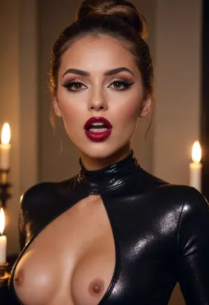 20 year old brown haired woman, deeply tanned brown skin, screaming orgasm, cumming hard, full dark red lips, prominent cupids bow lips, shiny lipgloss, hair in elegant bun, (eyeliner, winged eyeliner, dark eyeshadow), makeup, tight suit, deep cleavage, (candlelight)